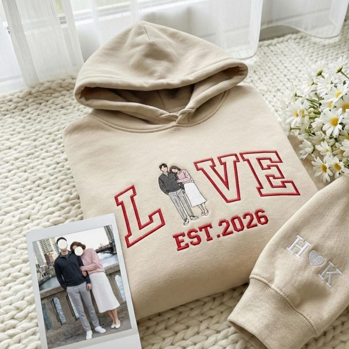 Personalized Embroidered Photo Couple Sweatshirt, Hoodie or T-Shirt with LOVE & EST. Year