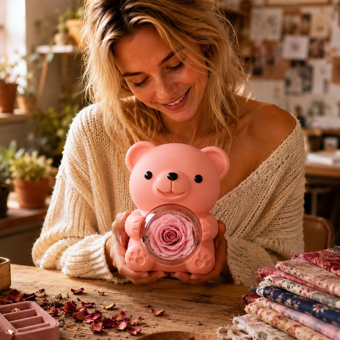 Eternal Rose Bear - W/ Engraved Necklace & Real Rose