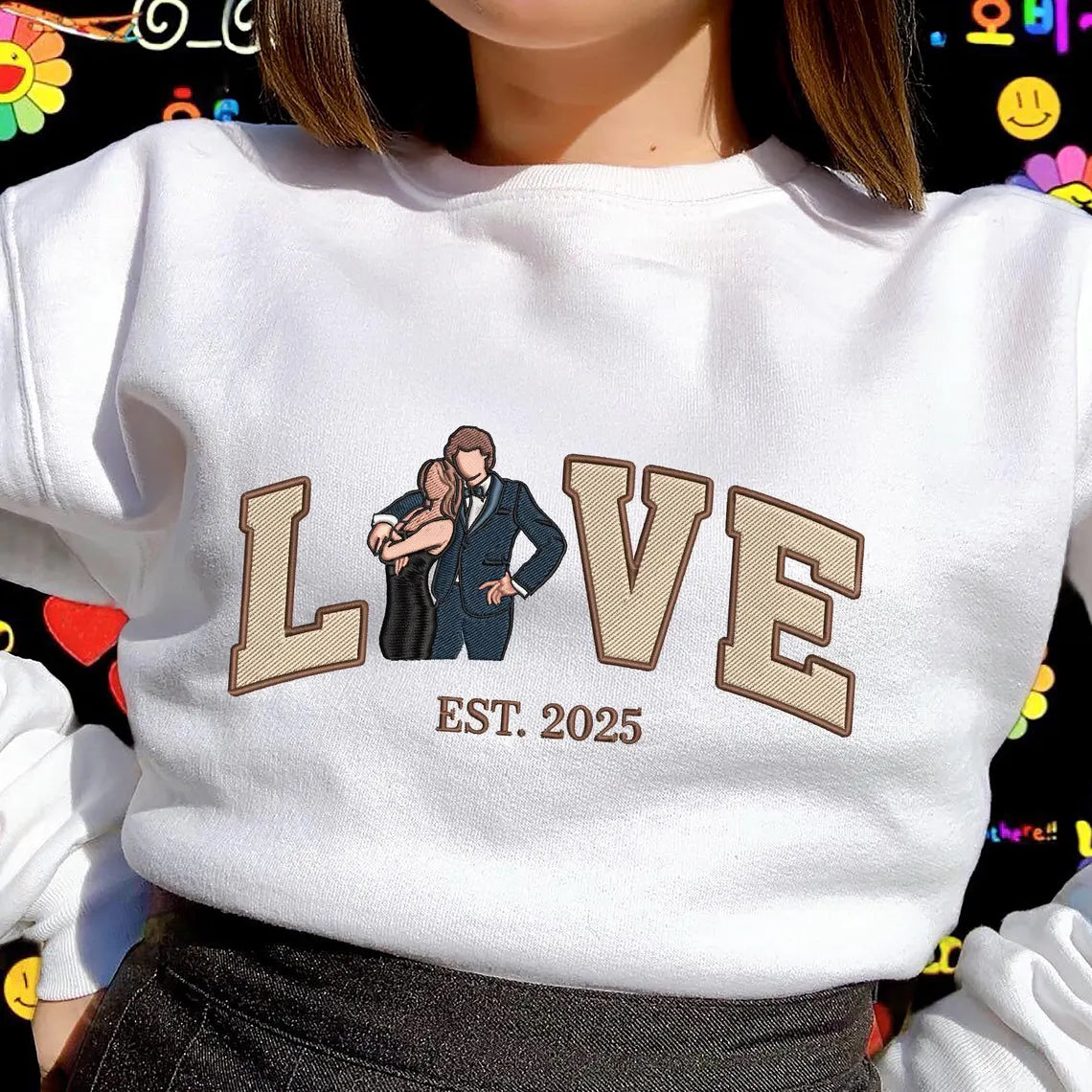 Personalized Embroidered Photo Couple Sweatshirt, Hoodie or T-Shirt with LOVE & EST. Year
