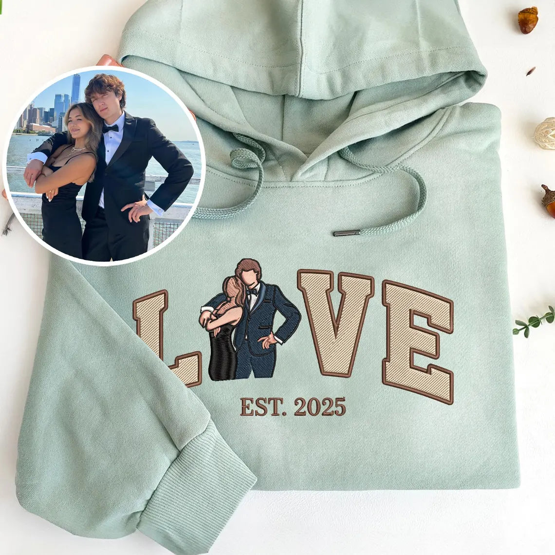 Personalized Embroidered Photo Couple Sweatshirt, Hoodie or T-Shirt with LOVE & EST. Year