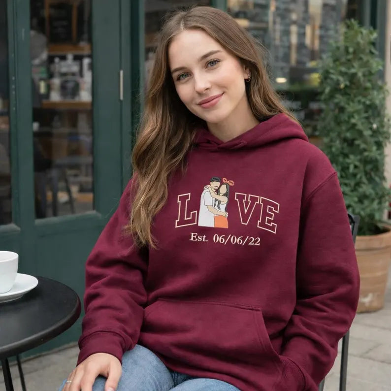 Personalized Embroidered Photo Couple Sweatshirt, Hoodie or T-Shirt with LOVE & EST. Year