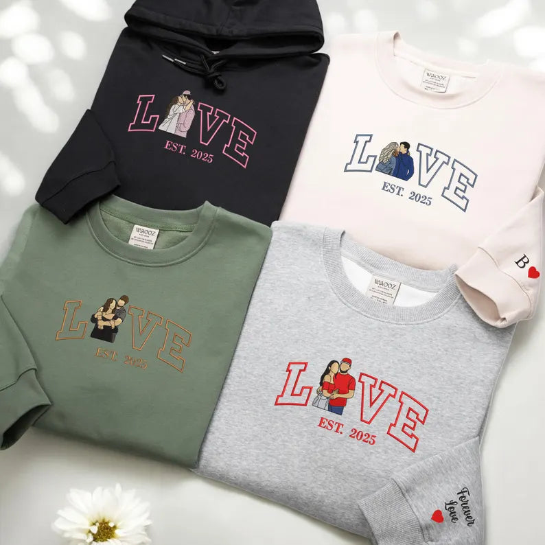 Personalized Embroidered Photo Couple Sweatshirt, Hoodie or T-Shirt with LOVE & EST. Year