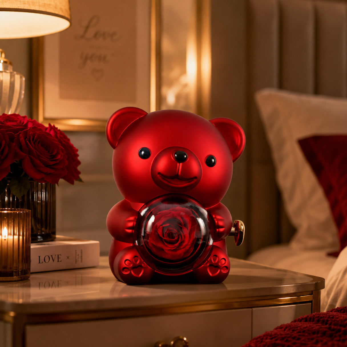 Eternal Rose Bear - W/ Engraved Necklace & Real Rose