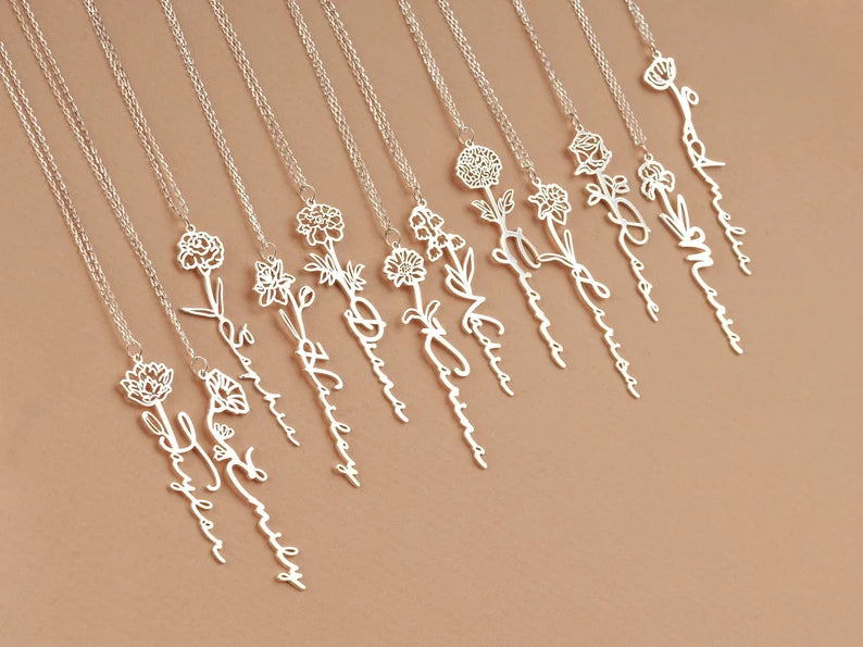 Personalised Birth Flower Name Necklace