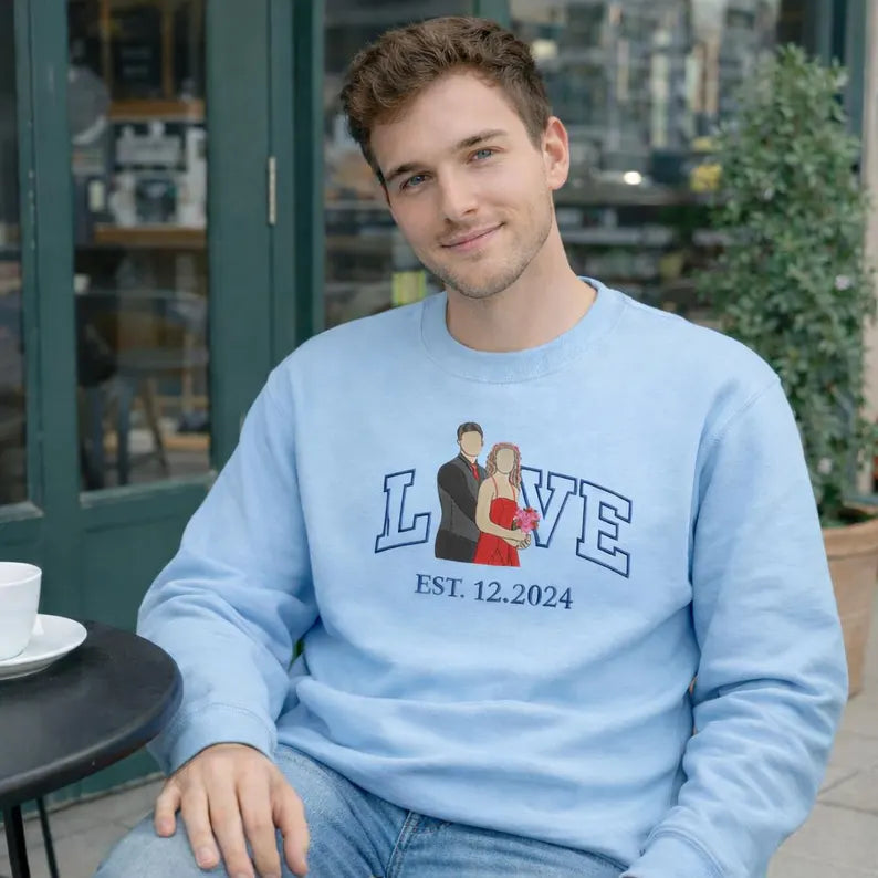 Personalized Embroidered Photo Couple Sweatshirt, Hoodie or T-Shirt with LOVE & EST. Year